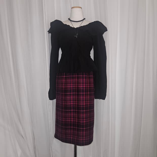 Leporte 빈티지 핑크 체크패턴 스트레이트 스커트