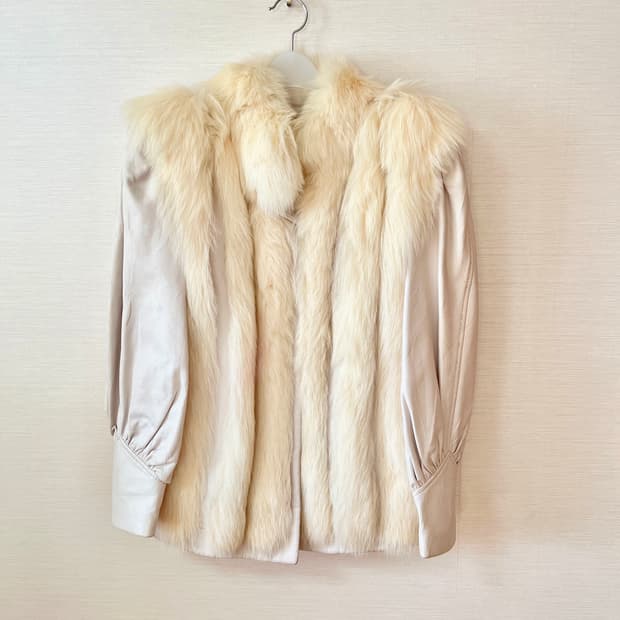 [XL,77-88] 캐나다산 천연가죽 폭스 여우털 자켓 아이보리 화이트