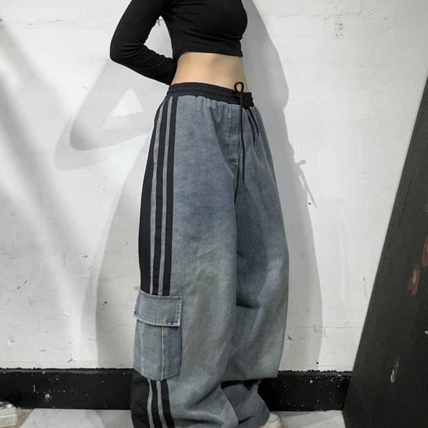 빈티지 연청 데님 사이드 라인 포인트 와이드 청 카고 팬츠 힙합 바지 