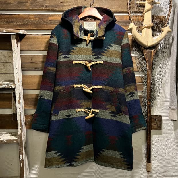 [M]90's JPN 빈티지 네이티브 패턴 울 후드 더플 코트