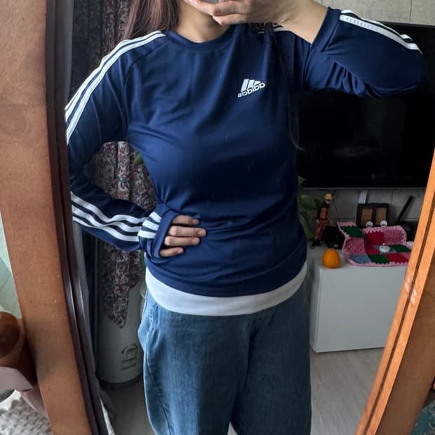 아디다스 네이비 삼선 기능성 티셔츠 90