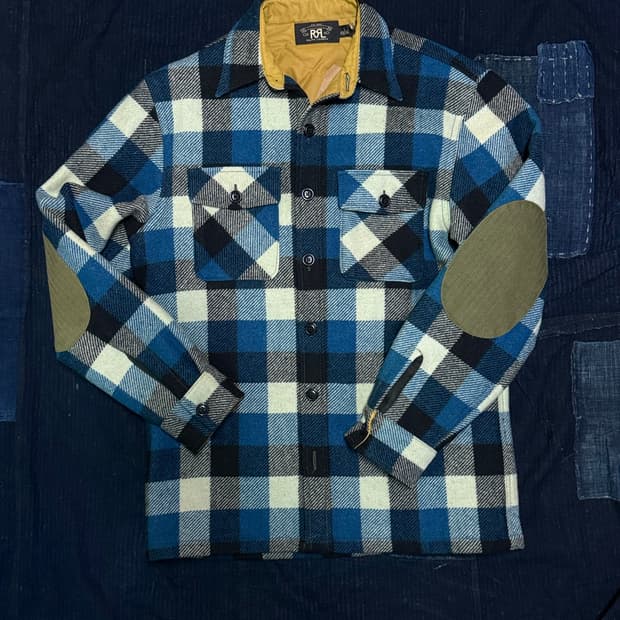 R.R.L 엘보우 패치 퀼티드 라인 울 체크 오버셔츠 자켓 S
