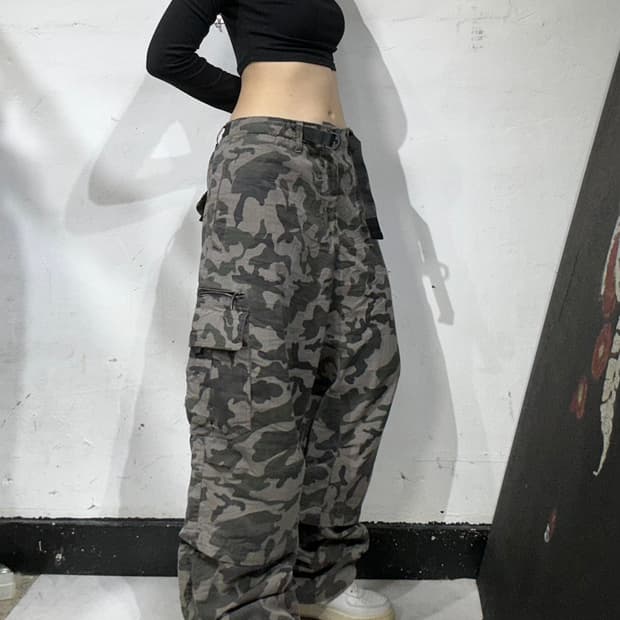 일본 빈티지 무릎 절개 밀리터리 카모 카고 군복 바지 유틸리티 팬츠 L