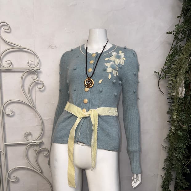 Sky blue bohemian flower knit ball 가디건