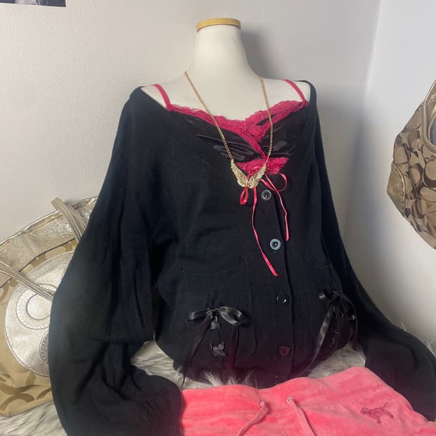 빈티지 Ma*rs 마즈 리본 아일렛 블랙 가디건