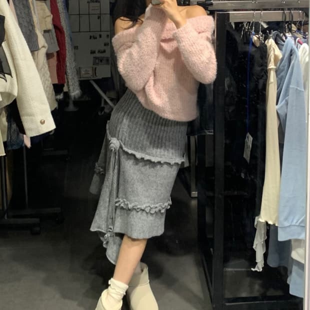 클라우드이모션 로지스 언발 그레이 니트 스커트