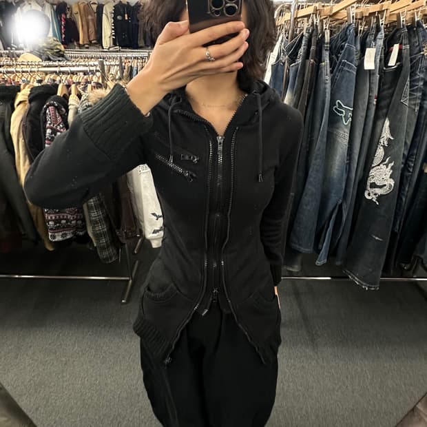 M)일본 빈티지 Y2K 여성 레이어드 블랙 투웨이 후드집업