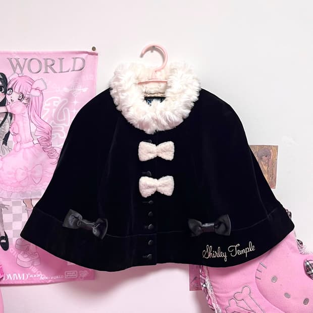 히메로맨틱갸루 대장 검흰 퍼 리본 케이프 판초 핀터 일본빈티지 오네gal