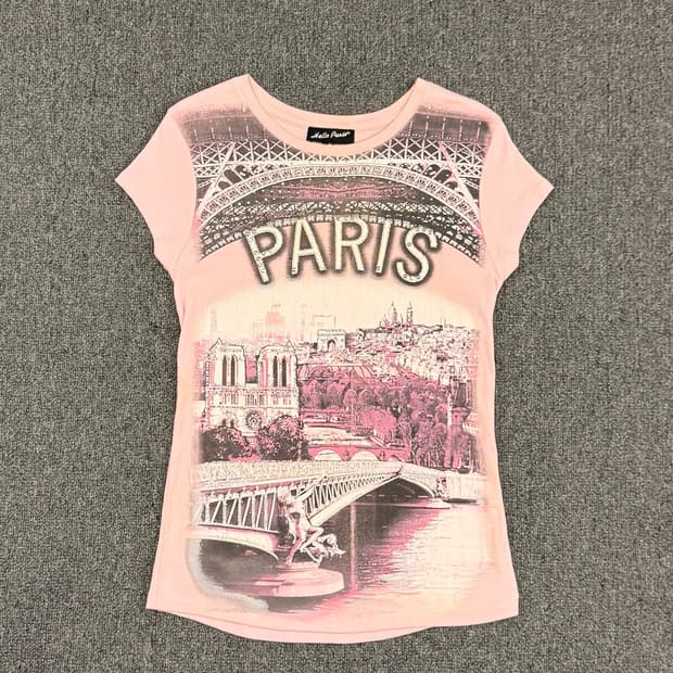 3)HelloParis Y2K 맥블링 핑크 에펠탑 스톤 반팔 티셔츠