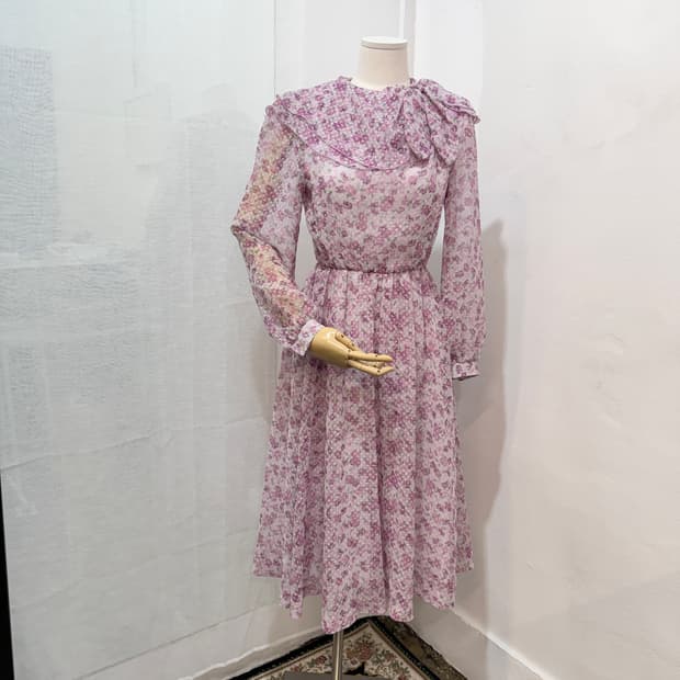 일본빈티지 연보라 플라워 꽃무늬 롱원피스 스카프 롱드레스 3527