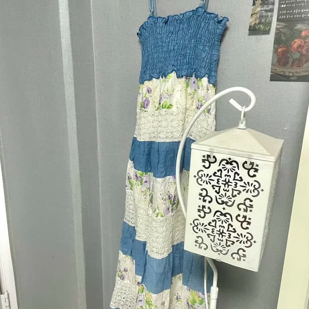 빈티지 패치원피스 나시원피스 레이스롱원피스 꽃플라워원피스 하늘색 블루