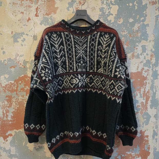 패턴 빈티지 니트 울 스웨터 2XL/Free