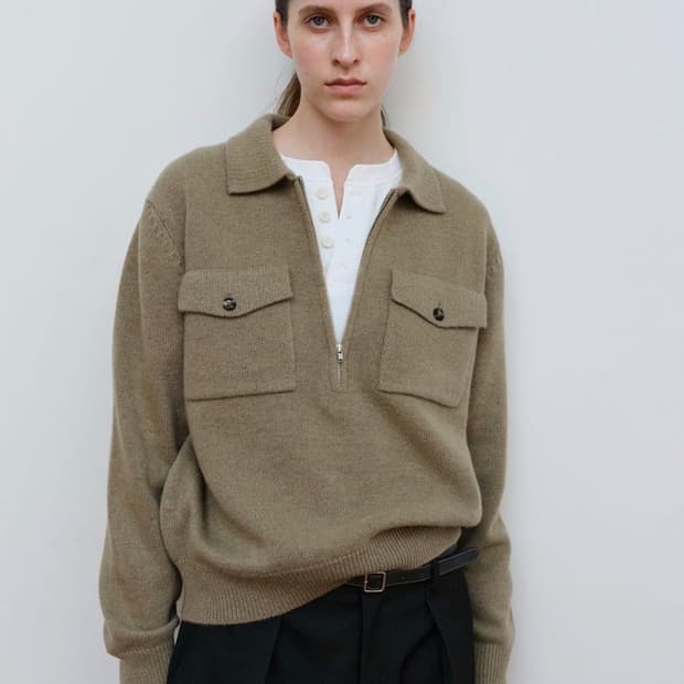 문달 포켓 카라 니트 카키 F