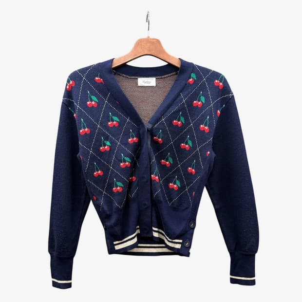 JPN VINTAGE V넥 니트 울가디건 체리 패턴 디테일 네이비
