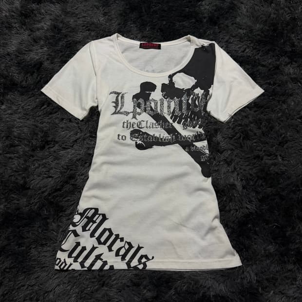 레터링 글리터 해골 세미펑크 반팔 티셔츠