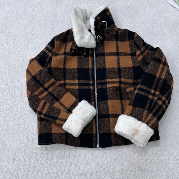 L H&M 체크 퍼 재킷 0304E