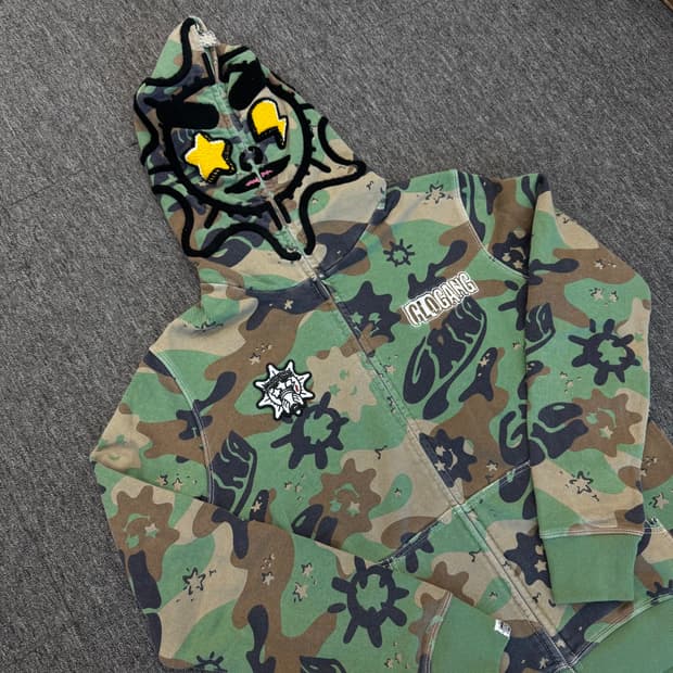 GLOGANG 글로갱 글로리 풀 집업 워시드 카모 그린 후드집업