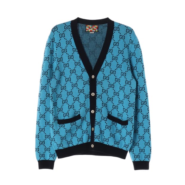 구찌 블루 GG 자카드 패턴  브이넥 울 니트 가디건 M
