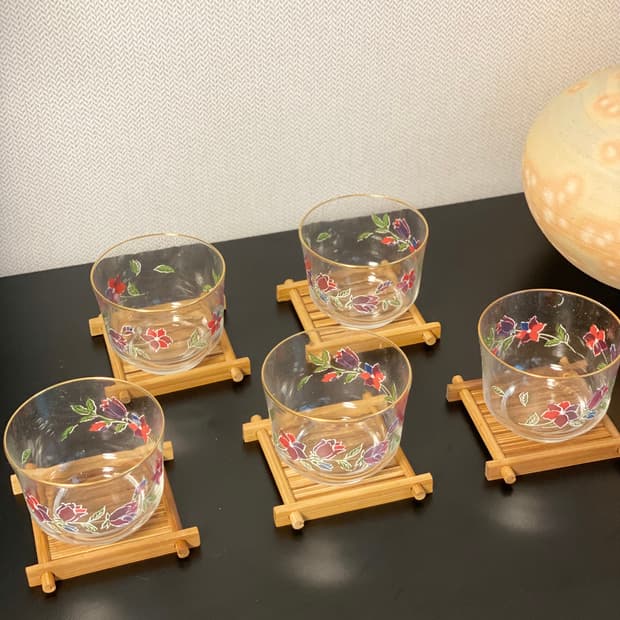 일본수입 ADERIA GLASS 플라워 유리 찻잔 5객 세트 (우드 받침