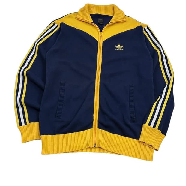 아디다스 삼선 트레포일 로고 배색 니트집업 네이비&옐로우