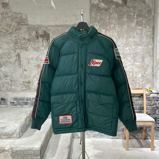 빈티지 그린 레이싱 패치 나일론 패디드 자켓