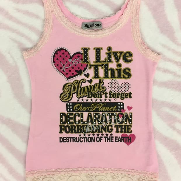 헤이세이 핑크 키치 레터링 슬리브리스 나시 갸루 조지후쿠 레이스