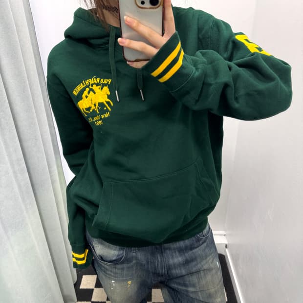 폴로 그린 엠브로이드 로고 기모 후드티