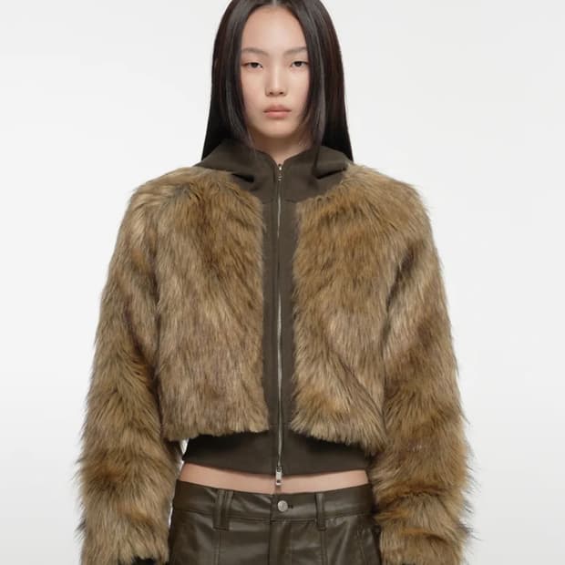 나체 hoodie crop fur jacket 카키브라운