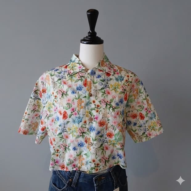 [R13] 플라워패턴 크롭 반팔셔츠