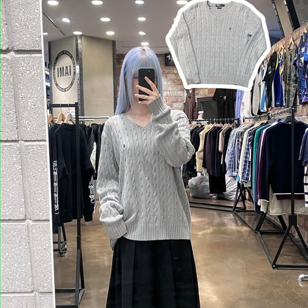 폴로 랄프로렌 브이넥 꽈배기 니트 그레이 L  #csz4160