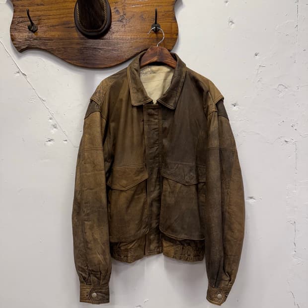 (L) 90s Map-Lined Leather Bomber Jacket 