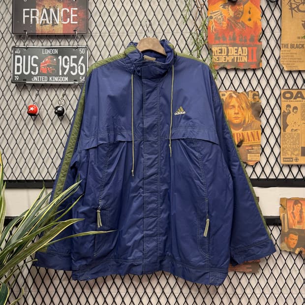 90s 아디다스 올드스쿨 바람막이 사이드 카키 배색 포인트 네이비