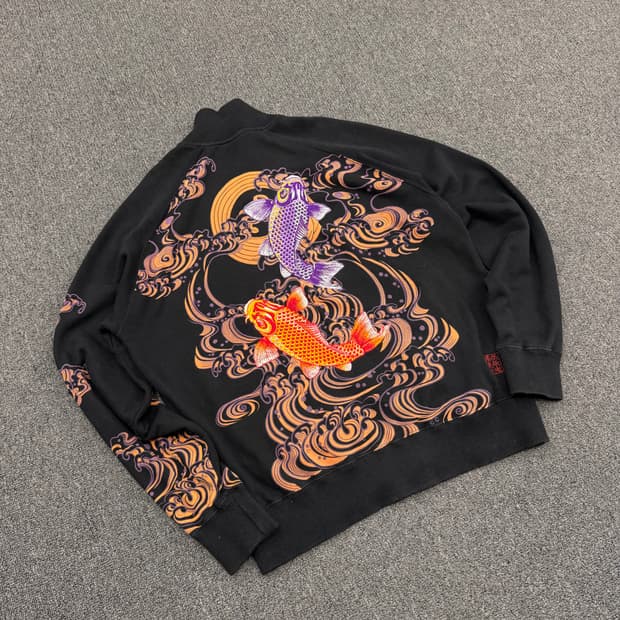 OS) 카라쿠리 타마시 빈티지 오리엔탈 잉어 자수 코튼 집업