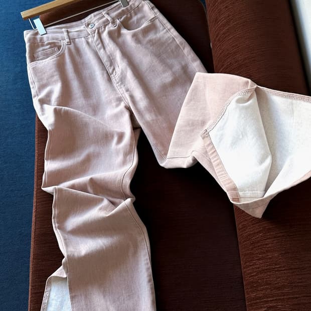 Cotton denim side slit flare pants