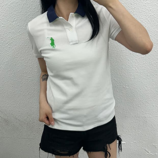 폴로 랄프로렌 그린 미들포니 화이트 반팔 M