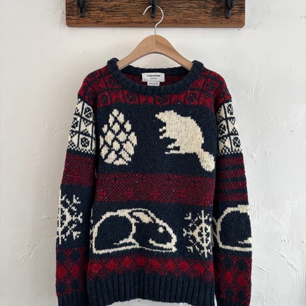 Thom Browne 톰브라운 애니멀패턴 사선완장 모헤어울 니트