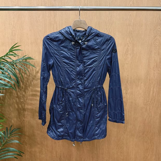 아르마니 진스 롱 후드 자켓 드로우 스트링 로고 장식 디테일 네이비