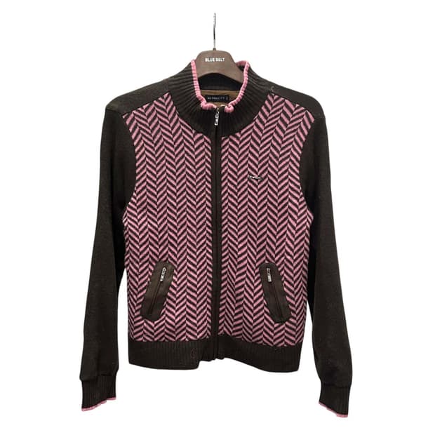 메트로시티 골프 니트 집업 가디건 앞면 헤링본 패턴 디테일 브라운 핑크