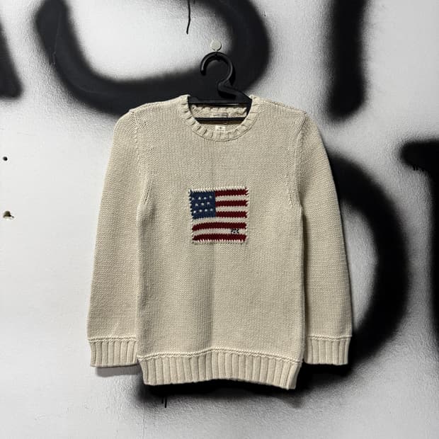 폴로 랄프로렌 성조기 빅 패치 딱붙핏 크롭 니트 오트밀