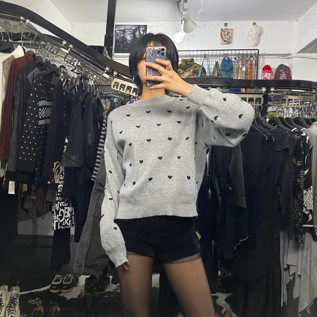 Japanese vtg 하트 땡땡이 그레이 니트