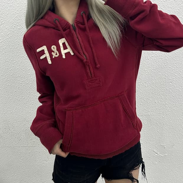 아베크롬비 패치로고 반집업 버건디 후드 S