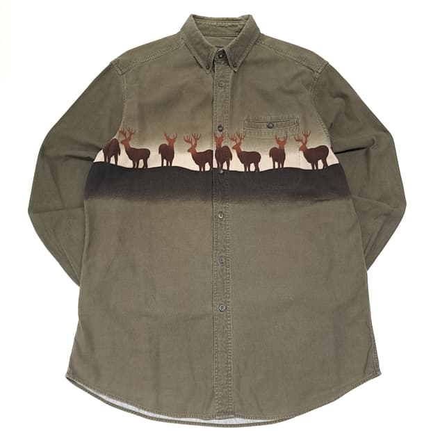 CL498 XL 울리치 90s 마카오판 코튼 사슴그래픽 올리브 셔츠