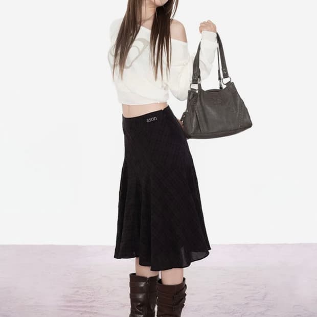 애즈온 런던 체크 미디 스커트 블랙