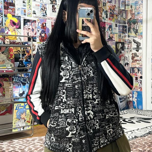 빈티지 레터링 블랙 후드 누빔 베스트 점퍼