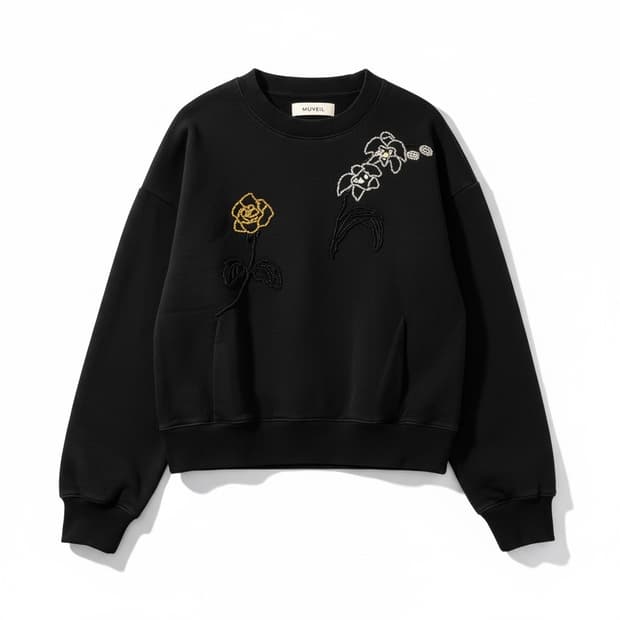 뮤베일 MUVEIL 38 블랙 꽃자수 맨투맨
