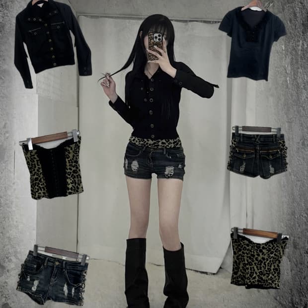 무채색 갸루 레오파드 오링 코르셋 코디세트 