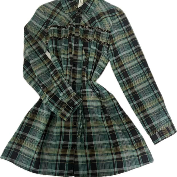 빈티지 체크 셔츠 원피스 / 그린 톤 / 프릴 디테일