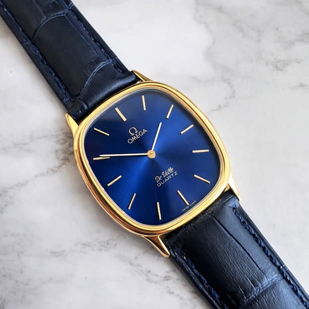 정품 오메가 엘립스 드빌 쿼츠 청판 금장 빈티지 시계