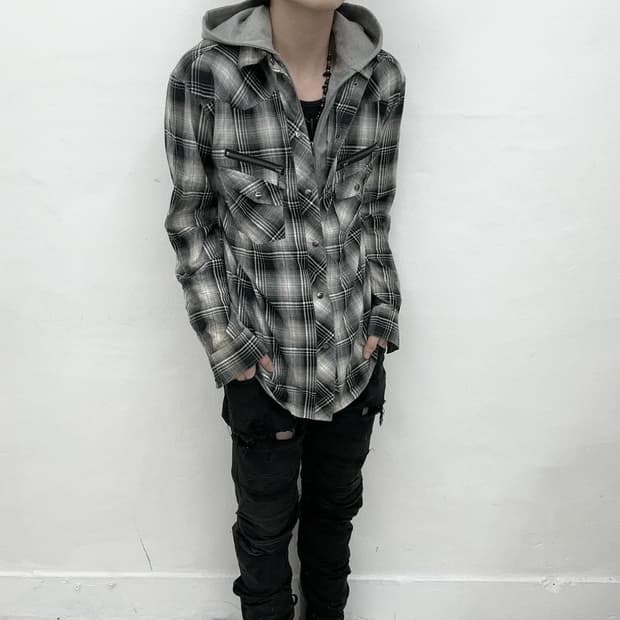 Grey tartan layered hood shirts
