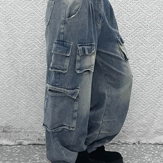 빈티지 올드스쿨 멀티포켓 데님 스트링 조거 카고팬츠 L C08915